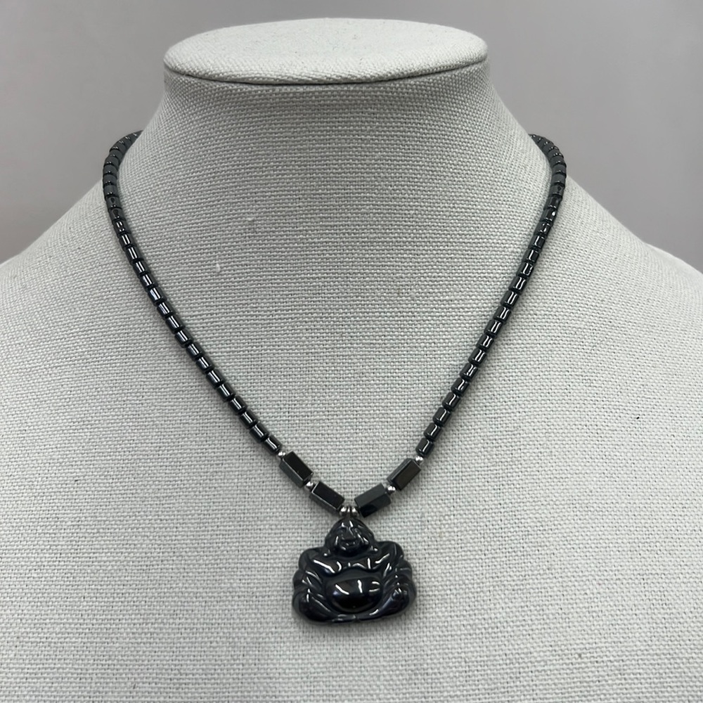 Hematite Necklace with happy sitting Buddha pendant 18”